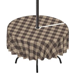 Lirduipu Brown Plaid Pattern Round Outdoor Tablecloth,Outdoor and Indoor Round Tablecloth with Umbrella Hole and Zipper,for Umbrella Table Patio Garden(52" Round,Pale Sepia Dark Taupe)