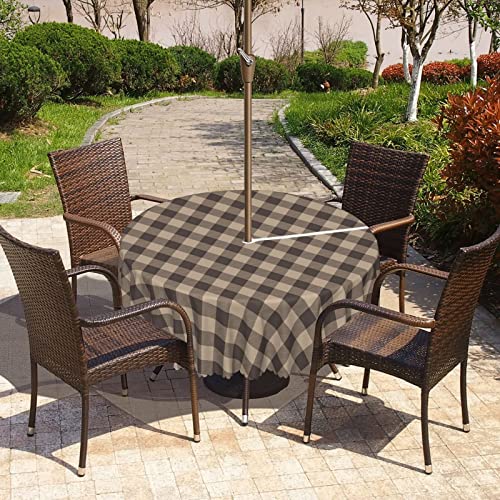 Lirduipu Brown Plaid Pattern Round Outdoor Tablecloth,Outdoor and Indoor Round Tablecloth with Umbrella Hole and Zipper,for Umbrella Table Patio Garden(52" Round,Pale Sepia Dark Taupe)