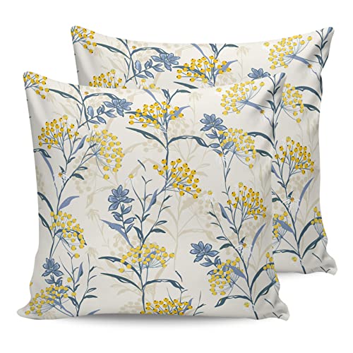 Outdoor Throw Pillow Cover Farmhouse Yellow Berry Blue Plant Waterproof Cushion Covers 2 Pack Boho Botanical on Beige Pillow Cases Home Decoration for Patio Garden Couch Sofa