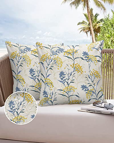 Outdoor Throw Pillow Cover Farmhouse Yellow Berry Blue Plant Waterproof Cushion Covers 2 Pack Boho Botanical on Beige Pillow Cases Home Decoration for Patio Garden Couch Sofa