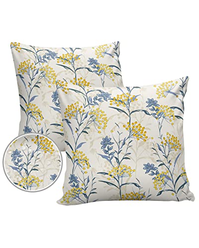 Outdoor Throw Pillow Cover Farmhouse Yellow Berry Blue Plant Waterproof Cushion Covers 2 Pack Boho Botanical on Beige Pillow Cases Home Decoration for Patio Garden Couch Sofa