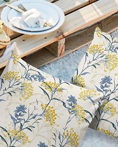 Outdoor Throw Pillow Cover Farmhouse Yellow Berry Blue Plant Waterproof Cushion Covers 2 Pack Boho Botanical on Beige Pillow Cases Home Decoration for Patio Garden Couch Sofa