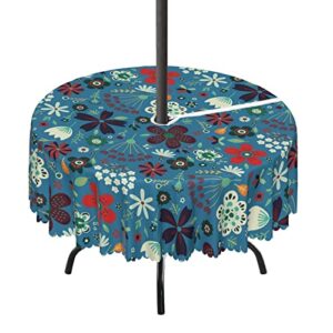 botanical pattern round outdoor tablecloth,round tablecloth with umbrella hole and zipper for patio garden,waterproof spill-proof,for patio garden tabletop decor(52″ round,slate blue multicolor)