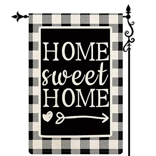 Coskaka Home Decorative Welcome Home Sweet Home Garden Flag Buffalo Plaid Check Outdoor Black and White Burlap Spring Summer Outside Farmhouse Holiday Flag 12.5 x 18"