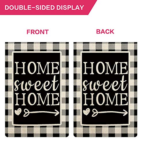 Coskaka Home Decorative Welcome Home Sweet Home Garden Flag Buffalo Plaid Check Outdoor Black and White Burlap Spring Summer Outside Farmhouse Holiday Flag 12.5 x 18"