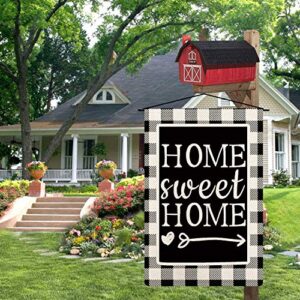 Coskaka Home Decorative Welcome Home Sweet Home Garden Flag Buffalo Plaid Check Outdoor Black and White Burlap Spring Summer Outside Farmhouse Holiday Flag 12.5 x 18"