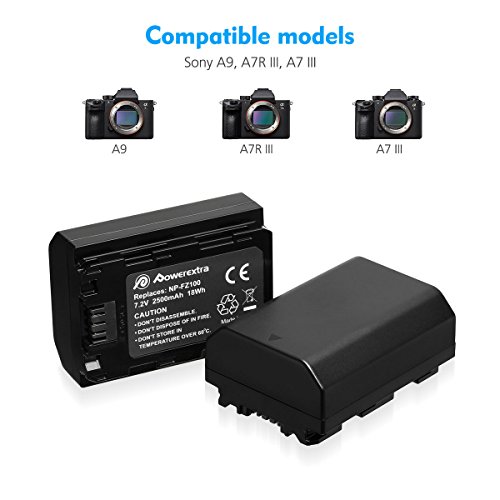 Powerextra Replacement Sony NP-FZ100 Battery and Dual USB Charger for Firmware 2.0 Sony Alpha A7 III, A7R III, A9, Sony Alpha 9, A7R3, a6600, a7R IV, Alpha a9 II, Alpha 9R, A9R, Alpha 9S Camera