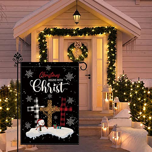 Christmas Garden Flag Christ Cross Religious Double Sided Burlap Vertical 12.5 x 18 Inch Merry Christmas Outdoor Decorations Yard Home Decor