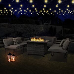 udpatio 8 piece outdoor patio furniture sets with gas fire pit table propane 44 inch glass top, grey outdoor sectional couch wicker patio conversation set pe rattan sofa w/table for garden grey