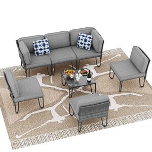 UDPATIO 8 Piece Outdoor Patio Furniture Sets with Gas Fire Pit Table Propane 44 Inch Glass Top, Grey Outdoor Sectional Couch Wicker Patio Conversation Set PE Rattan Sofa w/Table for Garden Grey