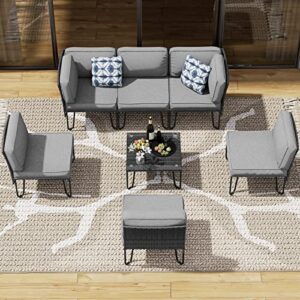 UDPATIO 8 Piece Outdoor Patio Furniture Sets with Gas Fire Pit Table Propane 44 Inch Glass Top, Grey Outdoor Sectional Couch Wicker Patio Conversation Set PE Rattan Sofa w/Table for Garden Grey