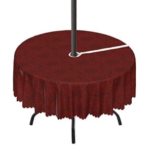 lirduipu burgundy pattern round outdoor tablecloth,stain-resistant non-slip outdoor round tablecloth with umbrella hole and zipper,for umbrella table patio garden(52″ round,burgundy red)