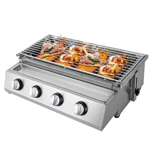 fetcoi 4-burner outdoor tabletop propane gas grill, stainless steel portable bbq grills smokeless griddle barbecue grill table for camping picnics garden beach party