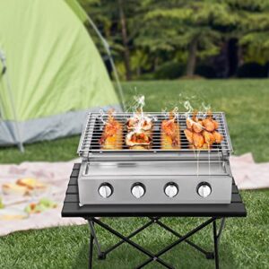 Fetcoi 4-Burner Outdoor Tabletop Propane Gas Grill, Stainless Steel Portable BBQ Grills Smokeless Griddle Barbecue Grill Table for Camping Picnics Garden Beach Party
