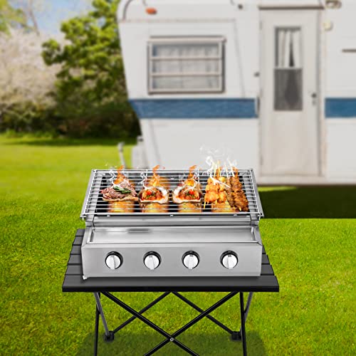 Fetcoi 4-Burner Outdoor Tabletop Propane Gas Grill, Stainless Steel Portable BBQ Grills Smokeless Griddle Barbecue Grill Table for Camping Picnics Garden Beach Party