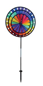 in the breeze rainbow triple wheel spinner- ground stake included – colorful wind spinner for your yard and garden