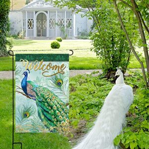 wondever Welcome Peacock Garden Flag 12×18 Double Sided Vertical Burlap Peacock Blue Feathers Yard Flags for Farmhouse Yard Holiday Celebration Outdoor Flags Decor
