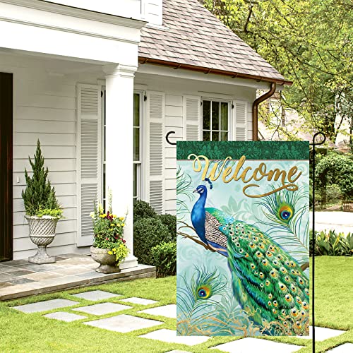 wondever Welcome Peacock Garden Flag 12×18 Double Sided Vertical Burlap Peacock Blue Feathers Yard Flags for Farmhouse Yard Holiday Celebration Outdoor Flags Decor