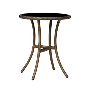Patio PE Rattan Side Table, Outdoor Round Wicker Covered Edge with Tempered Glass Top, Rattan Iron Frame Table Coffee Dining Table for Lawn, Garden, Pool(Brown)