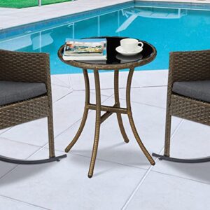 Patio PE Rattan Side Table, Outdoor Round Wicker Covered Edge with Tempered Glass Top, Rattan Iron Frame Table Coffee Dining Table for Lawn, Garden, Pool(Brown)