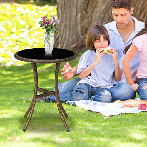 Patio PE Rattan Side Table, Outdoor Round Wicker Covered Edge with Tempered Glass Top, Rattan Iron Frame Table Coffee Dining Table for Lawn, Garden, Pool(Brown)