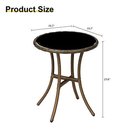 Patio PE Rattan Side Table, Outdoor Round Wicker Covered Edge with Tempered Glass Top, Rattan Iron Frame Table Coffee Dining Table for Lawn, Garden, Pool(Brown)