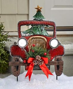 vintage truck christmas garden stake with solar lights, faux tree and pinecones