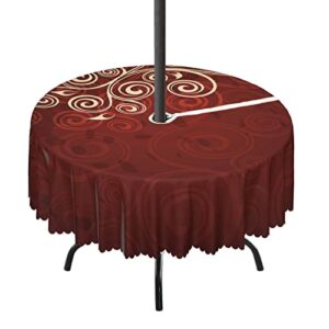 lirduipu burgundy pattern round outdoor tablecloth,round tablecloth with umbrella hole and zipper for patio garden,waterproof spill-proof,for outdoor umbrella table(52″ round,cream ruby)
