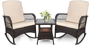 leveleve 3 pcs rocking bistro set conversation chairs pe wicker outdoor rocking chairs & glass table,for porch lawn garden backyard deck