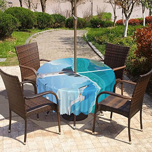 Lirduipu Blue Nautical Pattern Round Outdoor Tablecloth,Round Table Cloth Washable Water Resistance Tablecloth with Umbrella Hole Zippered,for Patio Garden Tabletop Decor(52" Round,Multicolor)