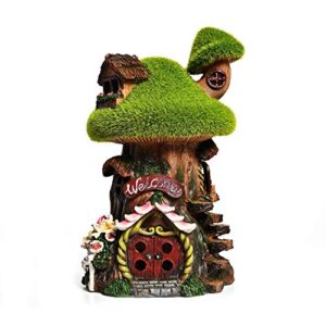 ASAWASA Fairy Houses for Gardens with Solar LED Light,Indoor Outdoor Décor Garden Lighting Figurines for Patio Lawn Yard(Flocked Mushroom House)