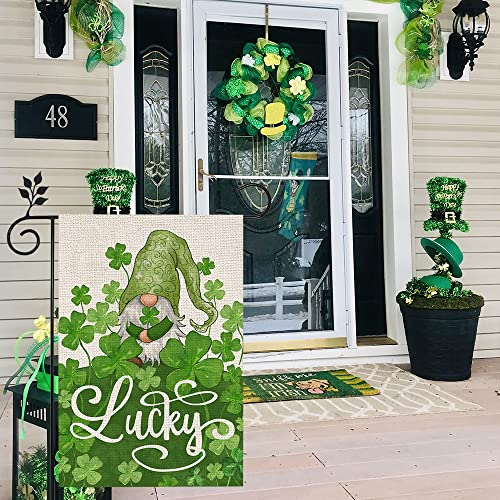 CROWNED BEAUTY St Patricks Day Garden Flag 12×18 Inch Double Sided Gnome Green Shamrocks Clovers Lucky Outside Vertical Holiday Yard Decor