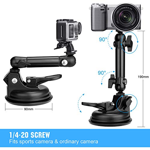 Heavy Duty Super Φ100mm Suction Cup + Adjustable Dual-Ball-Head Action Camera Dash Cam Phone Car Mount Windscreen Window Cockpit Holder for GoPro insta360 iPhone Hi-Speed Video Recording (1.5kg Load)