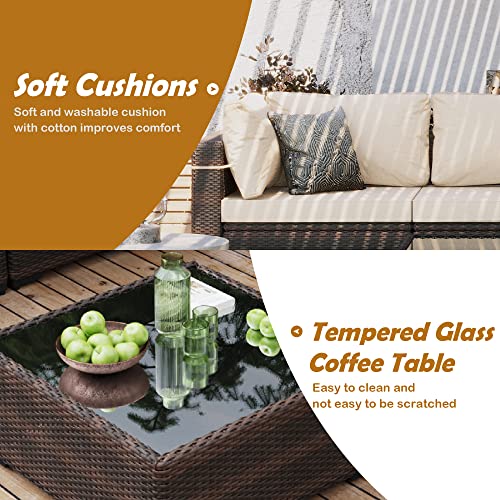 UPHA 7 Pieces Patio Furniture Set, Outdoor Sectional Brown PE Rattan Wicker Sofa Set with Cushions and Tempered Glass Coffee Table for Poolside, Lawn, Garden and Balcony