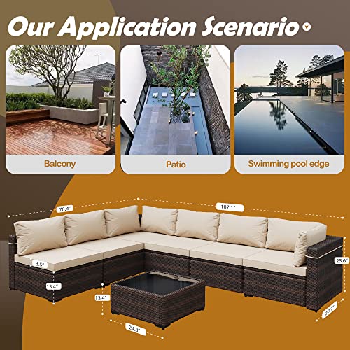 UPHA 7 Pieces Patio Furniture Set, Outdoor Sectional Brown PE Rattan Wicker Sofa Set with Cushions and Tempered Glass Coffee Table for Poolside, Lawn, Garden and Balcony