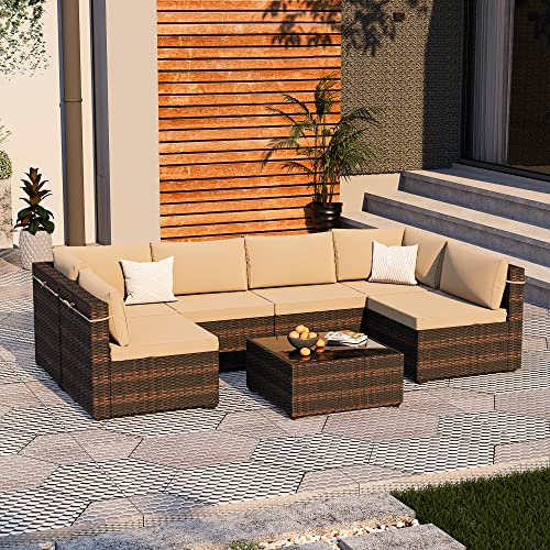 UPHA 7 Pieces Patio Furniture Set, Outdoor Sectional Brown PE Rattan Wicker Sofa Set with Cushions and Tempered Glass Coffee Table for Poolside, Lawn, Garden and Balcony