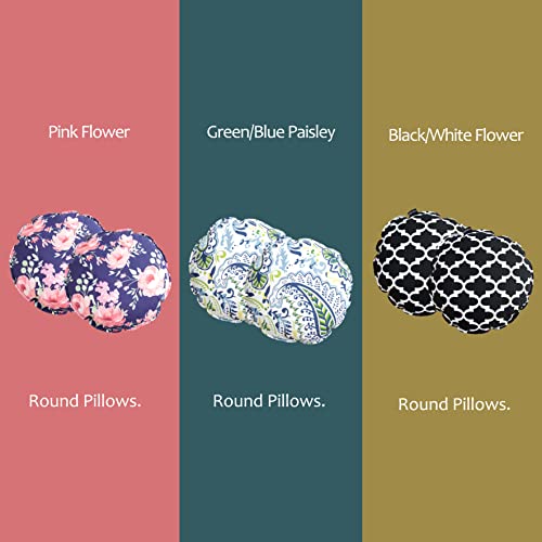 BOSSIMA Outdoor/Indoor All Weather Decorative Round Pillows Set of 2 (Black/White Flower)