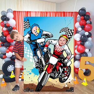 PANTIDE Motocross Photo Door Banner Backdrop Props, Large Satin Photo Background Face Photography Banner Decor Dirt Bike Theme Party Favor Supply Decorations Funny Party Games for Kids, 59 x 39 Inch