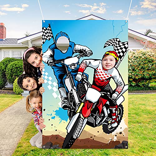 PANTIDE Motocross Photo Door Banner Backdrop Props, Large Satin Photo Background Face Photography Banner Decor Dirt Bike Theme Party Favor Supply Decorations Funny Party Games for Kids, 59 x 39 Inch