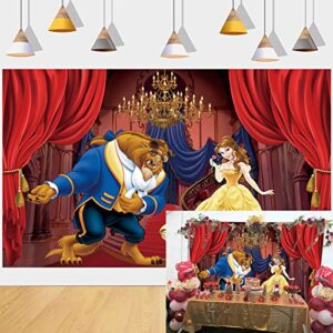 beauty and the beast backdrop palace golden chandelier red curtain photography background princess girl baby shower birthday party studio photo decoration props 7x5ft