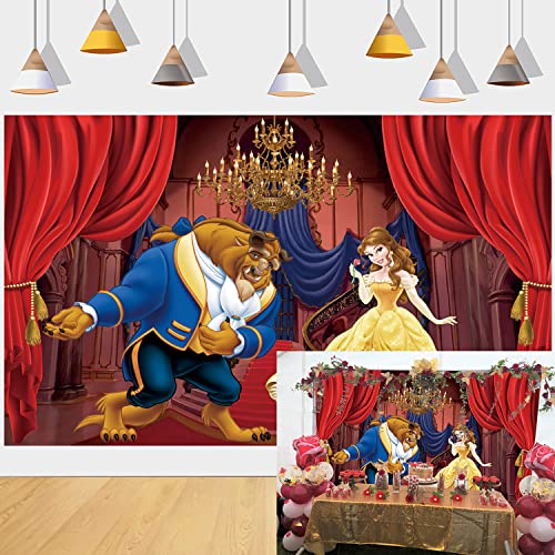 Beauty and The Beast Backdrop Palace Golden Chandelier Red Curtain Photography Background Princess Girl Baby Shower Birthday Party Studio Photo Decoration Props 7x5FT