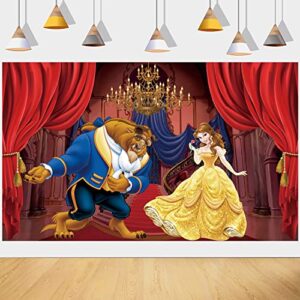 Beauty and The Beast Backdrop Palace Golden Chandelier Red Curtain Photography Background Princess Girl Baby Shower Birthday Party Studio Photo Decoration Props 7x5FT