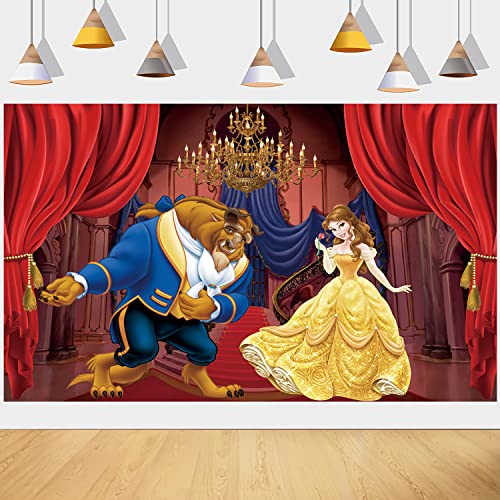 Beauty and The Beast Backdrop Palace Golden Chandelier Red Curtain Photography Background Princess Girl Baby Shower Birthday Party Studio Photo Decoration Props 7x5FT