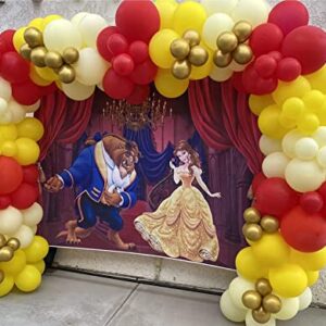 Beauty and The Beast Backdrop Palace Golden Chandelier Red Curtain Photography Background Princess Girl Baby Shower Birthday Party Studio Photo Decoration Props 7x5FT