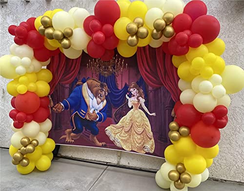 Beauty and The Beast Backdrop Palace Golden Chandelier Red Curtain Photography Background Princess Girl Baby Shower Birthday Party Studio Photo Decoration Props 7x5FT