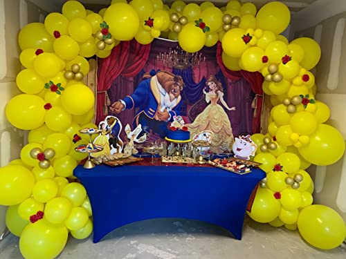 Beauty and The Beast Backdrop Palace Golden Chandelier Red Curtain Photography Background Princess Girl Baby Shower Birthday Party Studio Photo Decoration Props 7x5FT