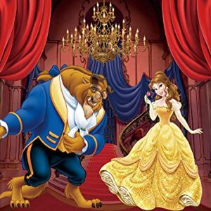 Beauty and The Beast Backdrop Palace Golden Chandelier Red Curtain Photography Background Princess Girl Baby Shower Birthday Party Studio Photo Decoration Props 7x5FT