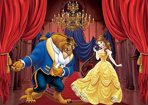 Beauty and The Beast Backdrop Palace Golden Chandelier Red Curtain Photography Background Princess Girl Baby Shower Birthday Party Studio Photo Decoration Props 7x5FT