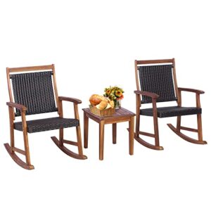 tangkula 3 pieces patio rocking chair set, patiojoy acacia wood rocker with side table, outdoor rocking chairs with wicker rattan seat & backrest, rocking bistro set for garden, backyard, poolside