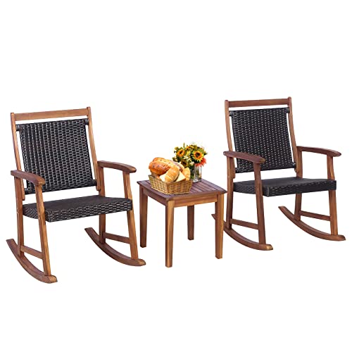 Tangkula 3 Pieces Patio Rocking Chair Set, Patiojoy Acacia Wood Rocker with Side Table, Outdoor Rocking Chairs with Wicker Rattan Seat & Backrest, Rocking Bistro Set for Garden, Backyard, Poolside